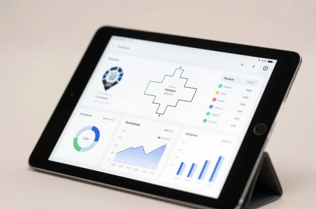 An editorial close-up of a tablet displaying a clean, modern sports data dashboard with tournament brackets, group standings, and performance charts, neutral background, sleek corporate style